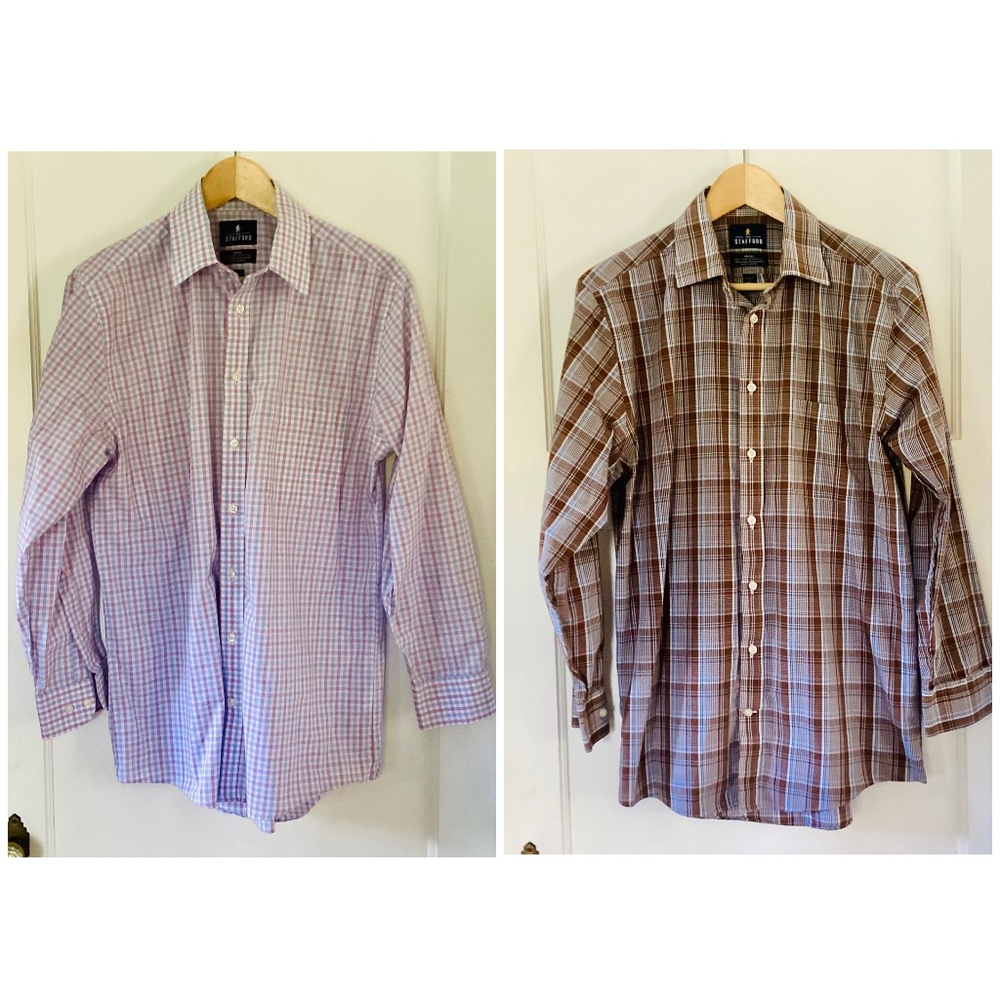 Lot of 2 Stafford’s EASY CARE BROADCLOTH FITTED PLAID Dress Shirts 15.5 32-33